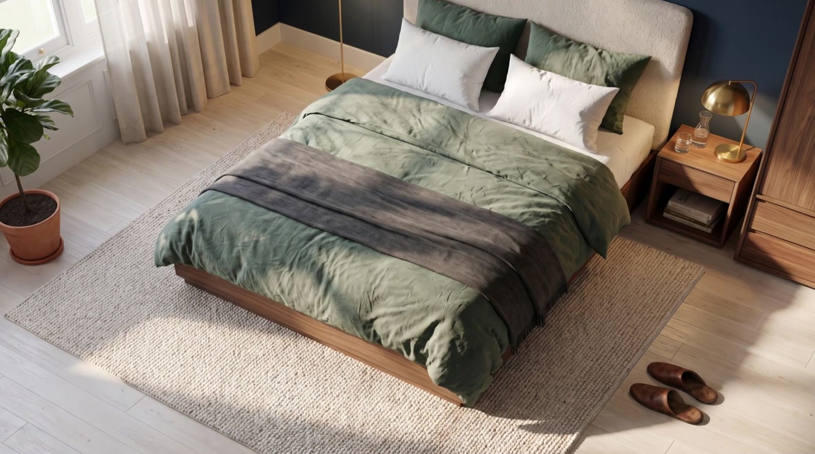 A made bed with sage linen and white pillows, seen from above, on a clear wooden floor.