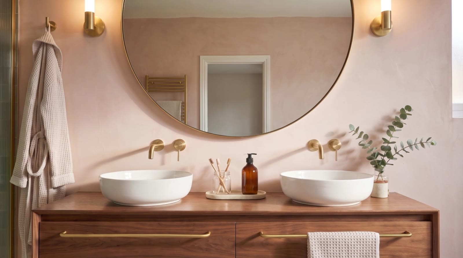 A bathroom vanity with two white basins, brass taps and a round mirror on a plaster wall.