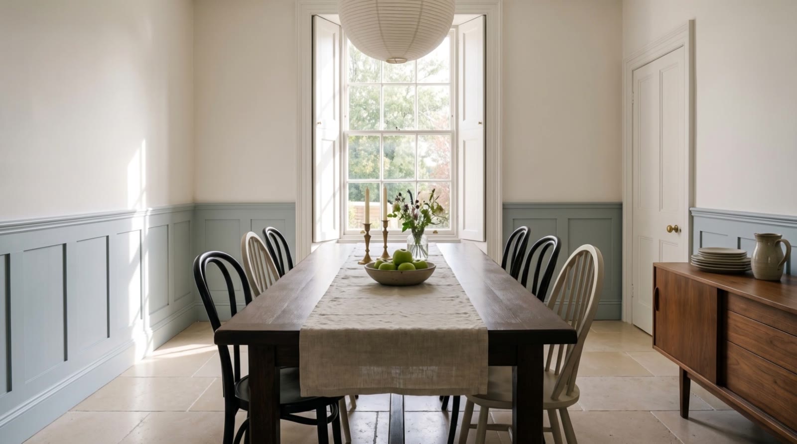 The dining room, laid and quiet.